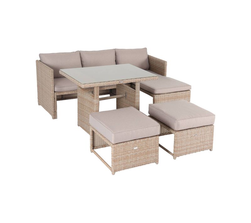 Salon De Jardin 6 Places - Reggiano - Résine Naturelle. Coussins Beiges. Table De Jardin Avec