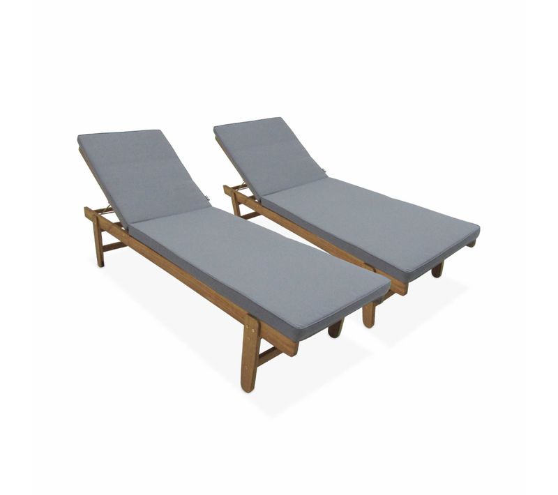 Set De 2 Bains De Soleil En Acacia – Arequipa – Transats Avec Coussins Gris Et Roulettes. Multi