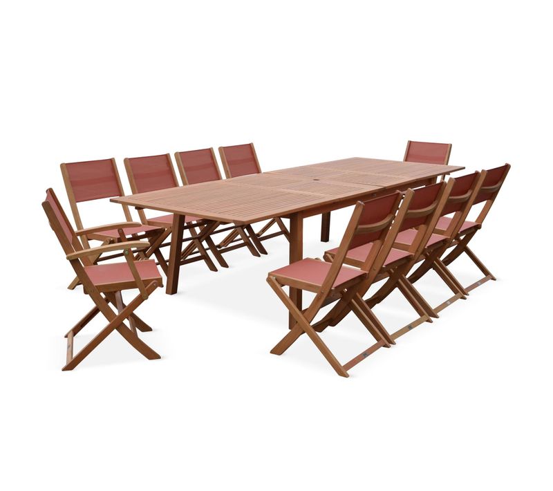 Salon De Jardin En Bois Extensible - Almeria  Table 200/250/300cm Avec 2 Rallonges. 2 Fauteuils Et