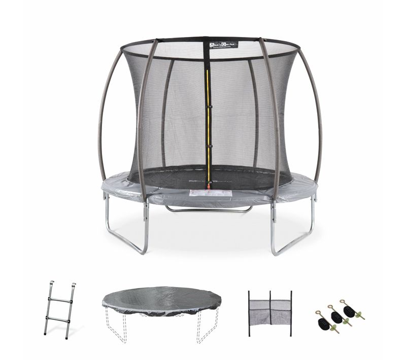 Trampoline Rond D. 250cm Gris Avec Filet De Protection Intérieur - Pluton Inner XXL– Échelle. Bâche.