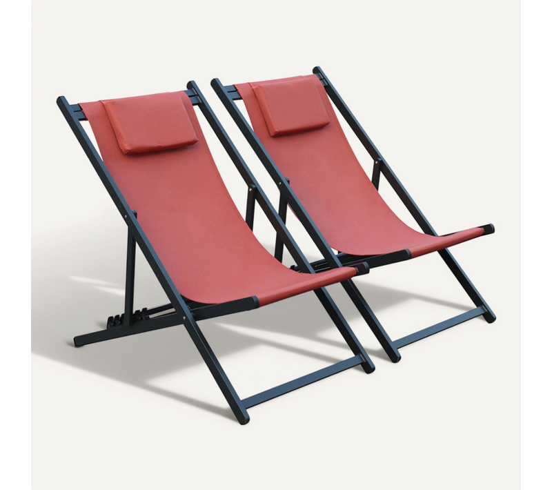 Lot De 2 Bains De Soleil - Gaia Terra Cotta - Transat En Aluminium Gris Anthracite Et Textilene