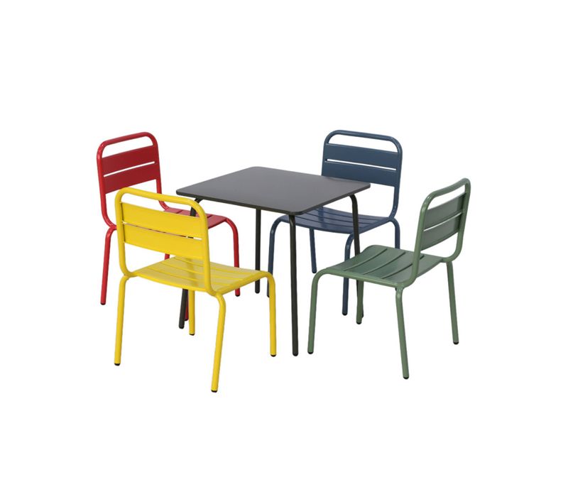 Salon De Jardin Enfant. Table Et Chaises Métal + 4 Assises Anna - Multicolore. 48x48cm