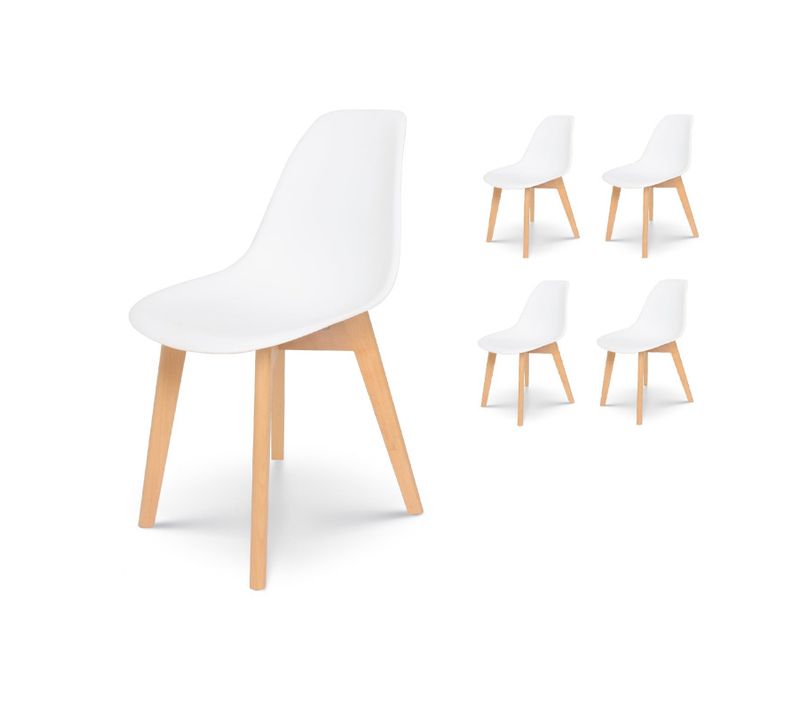 Lot De 4 Chaises Style Scandinave Modèle Gabby - Coque En Résine Blanche Et Pieds En Bois Naturel