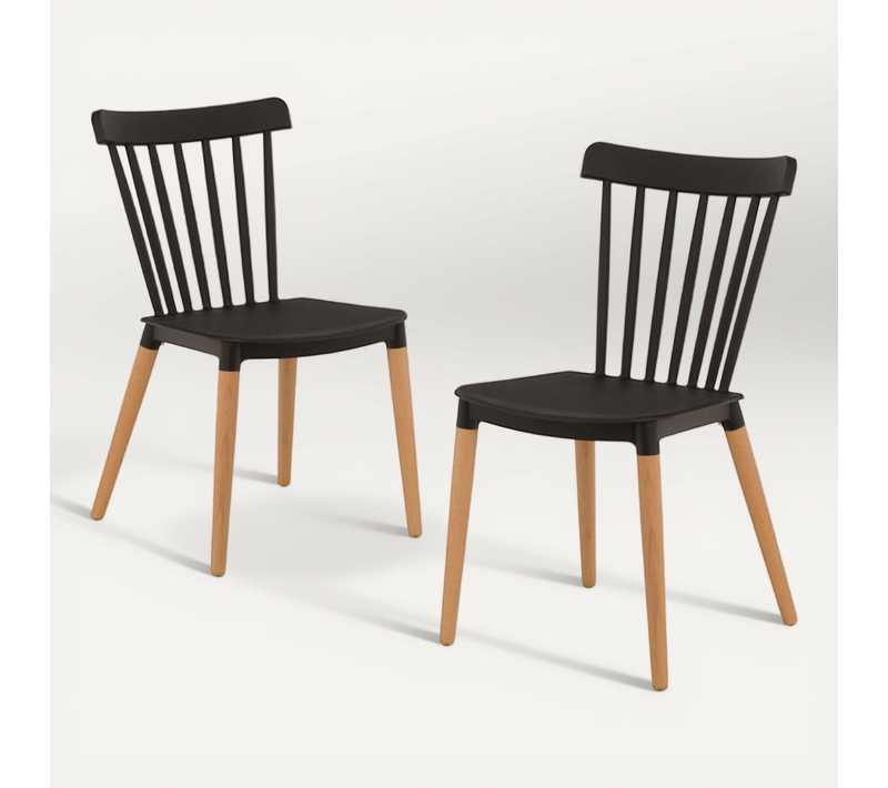 Lot De 2 Chaises Style Scandinave à Barreaux Modèle Pop - Coque En Résine Noire Et Pieds En Bois Na