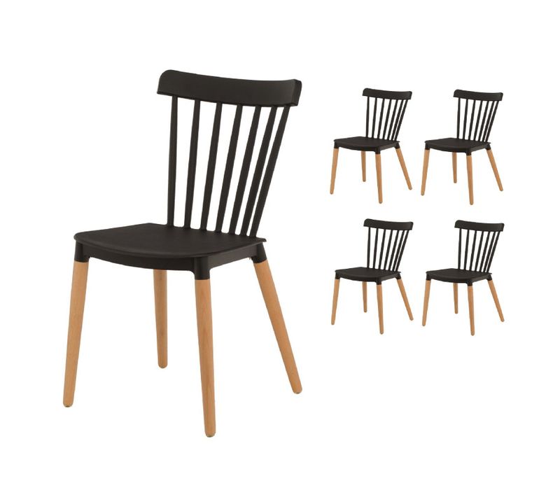 Lot De 4 Chaises Style Scandinave à Barreaux Modèle Pop - Coque En Résine Noire Et Pieds En Bois