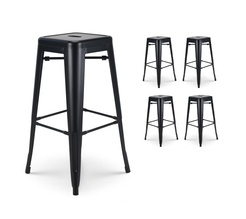 Lot De 4 Tabourets De Bar En Métal Noir Mat Style Industriel - Hauteur 76 Cm