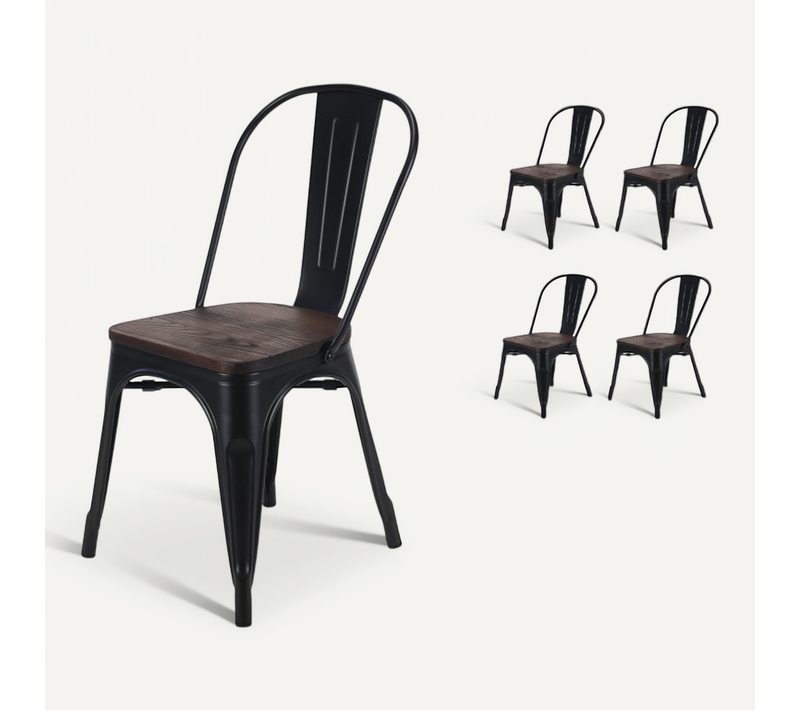 Lot De 4 Chaises En Métal Noir Mat Et Assise En Bois Foncé - Style Industriel