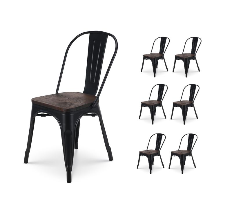 Lot De 6 Chaises En Métal Noir Mat Et Assise En Bois Foncé - Style Industriel