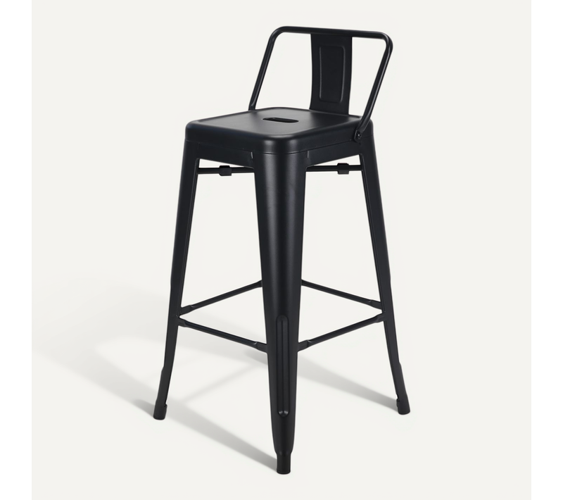 Tabouret De Bar En Métal Noir Mat Style Industriel - Avec Dossier - Hauteur 66cm
