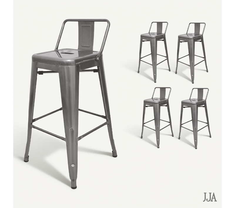 Lot De 4 Tabourets De Bar En Métal Brut Aspect Galvanisé Style Industriel - Avec Dossier - Hauteur