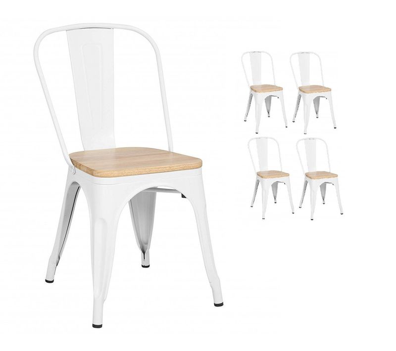 Lot De 4 Chaises En Métal Blanc Mat Et Assise En Bois Clair - Style Industriel