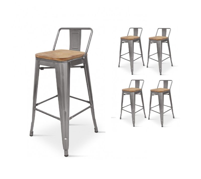 Lot De 4 Tabourets Style Industriel Avec Dossier En Métal Brut Aspect Galvanisé Et Assise En Bois C
