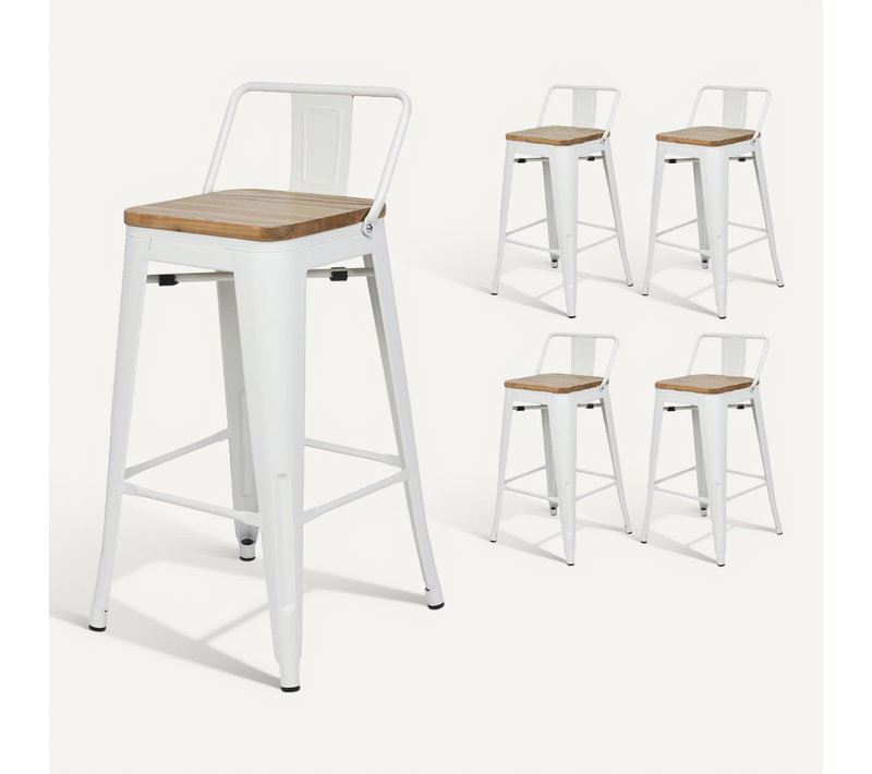 Lot De 4 Tabourets En Métal Blanc Mat Style Industriel Avec Dossier Et Assise En Bois Clair - Haute