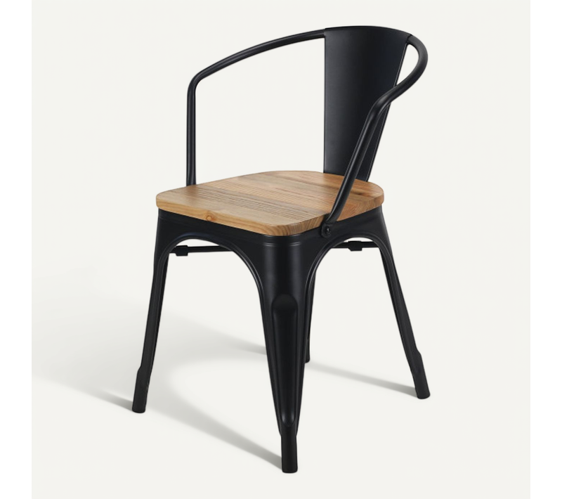 Chaise En Métal Noir Mat Style Industriel Avec Assise En Bois Clair - Avec Accoudoirs