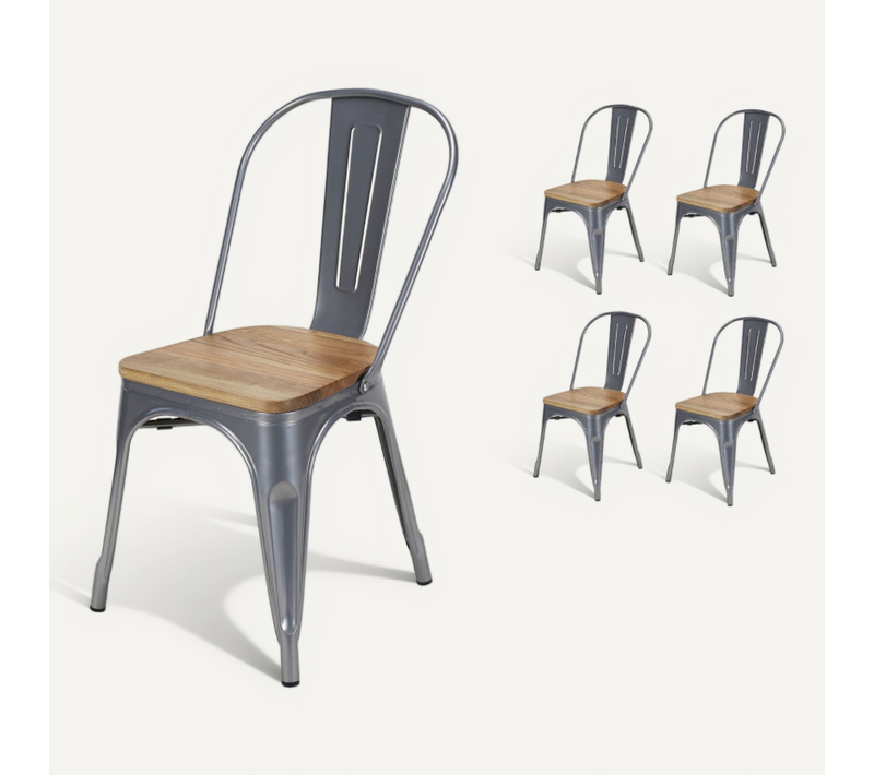 Lot De 4 Chaises En Métal Gris Argenté Et Assise En Bois Clair - Style Industriel