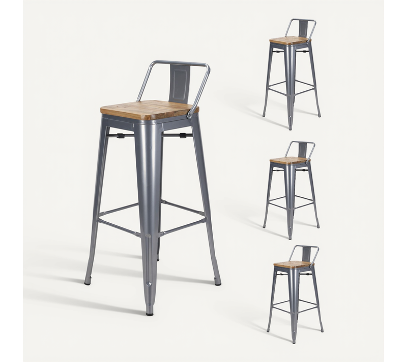 Lot De 4 Tabourets De Bar En Métal Gris Silver Aspect Brillant Style Industriel