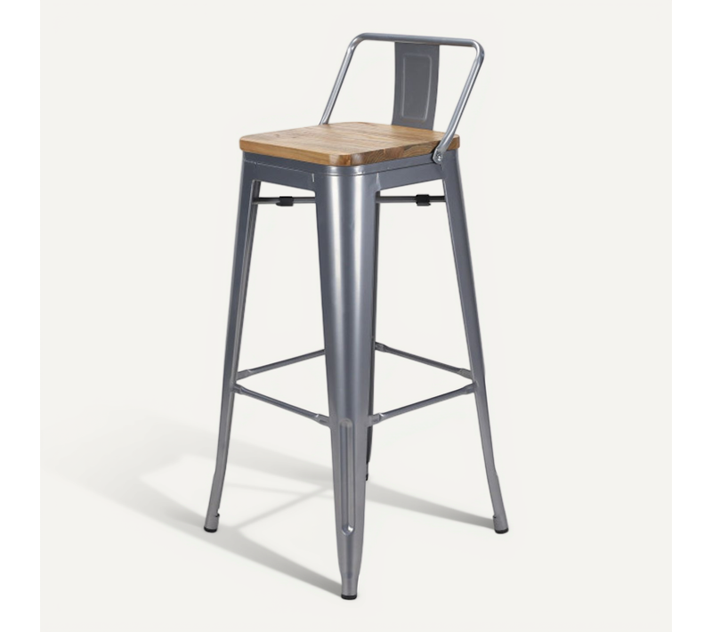 Tabouret De Bar Style Industriel Avec Dossier En Métal Silver Et Assise En Bois Clair - Hauteur 76