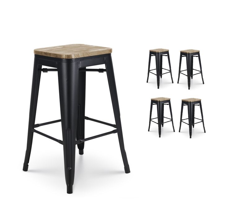 Lot De 4 Tabourets De Bar En Métal Noir Mat Style Industriel Et Assise En Bois Clair - Hauteur 66 C