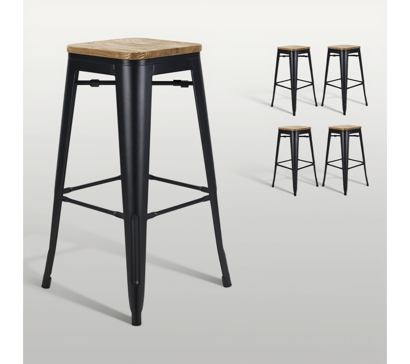 Lot De 4 Tabourets De Bar En Métal Noir Mat Style Industriel Et Assise En Bois Clair - Hauteur 76 C