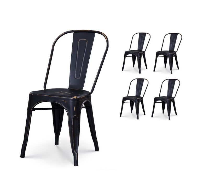 Lot De 4 Chaises En Métal Noir Mat Style Industriel - Effet Vieillit