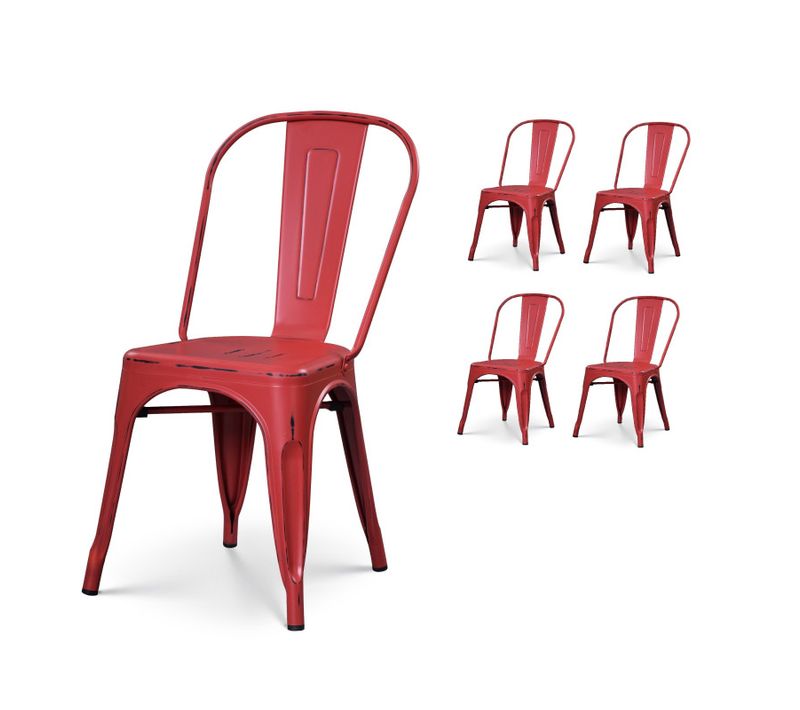 Lot De 4 Chaises En Métal Rouge Mat Style Industriel - Effet Vieillit