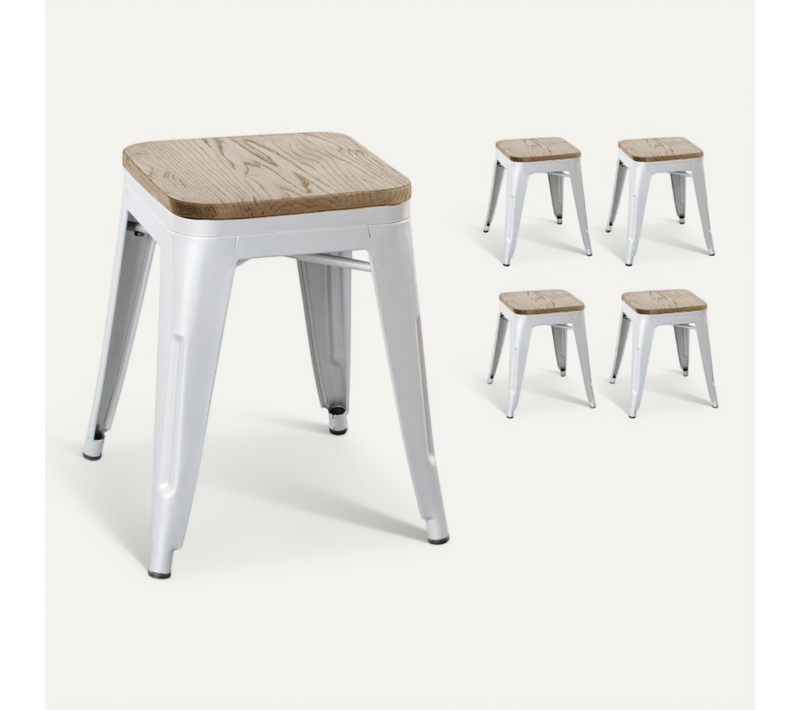 Lot De 4 Tabourets En Métal Blanc Mat Style Industriel Et Assise En Bois Clair - Hauteur 46 Cm