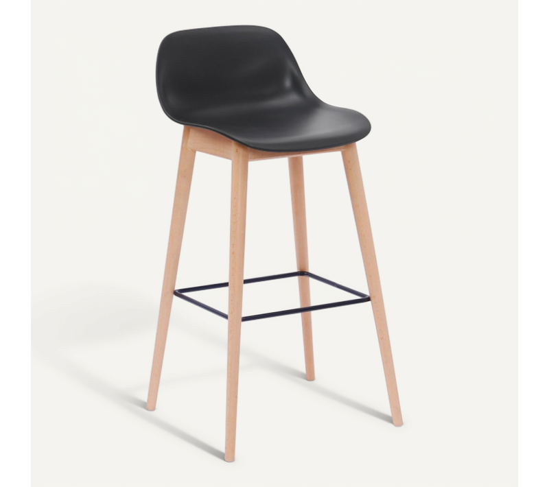 Tabouret De Bar Noir Style Scandinave Avec Pieds En Bois Naturel - Hauteur 76 Cm