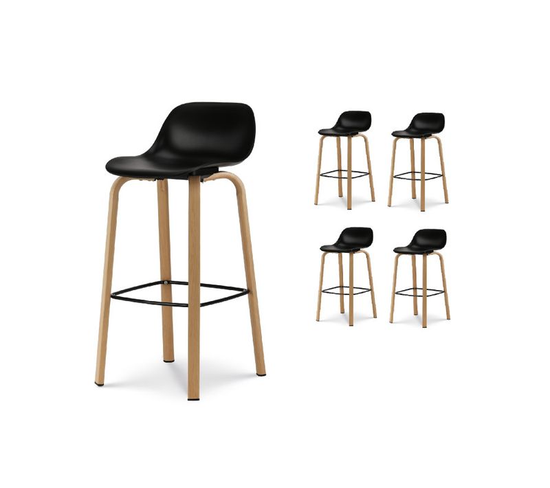 Lot De 4 Tabourets De Bar Noirs Style Scandinave Avec Pieds Effet Bois En Métal - Hauteur 66cm