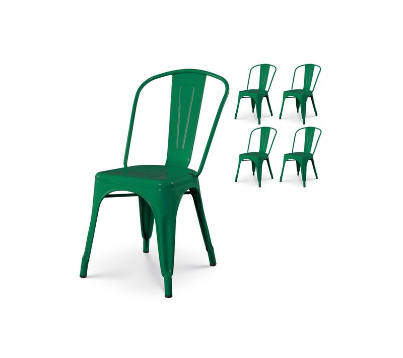 Lot De 4 Chaises Style Industriel En Métal Vert - Finition Brillant