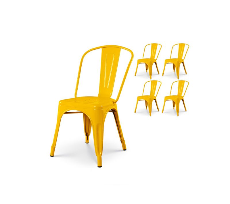 Lot De 4 Chaises Style Industriel En Métal Jaune - Finition Brillant