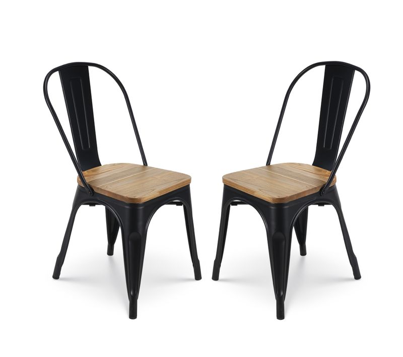 Kosmi - Lot De 2 Chaises En Métal Noir Mat Et Assise En Bois Clair - Style Industriel