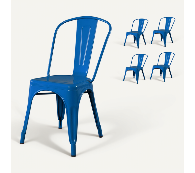 Lot De 4 Chaises En Métal Bleu Style Industriel - Finition Brillant