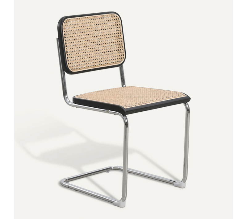 Chaise Rétro Avec Pieds En Métal, Bois Foncé Et Cannage Naturel