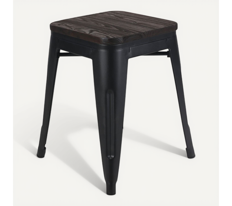 Tabouret En Métal Noir Mat Style Industriel Et Assise En Bois Foncé - Sans Dossier - Hauteur 46 Cm