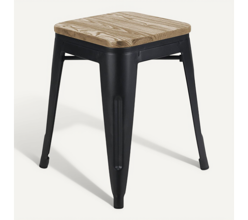 Tabouret En Métal Noir Mat Style Industriel Et Assise En Bois Clair - Sans Dossier - Hauteur 46 Cm