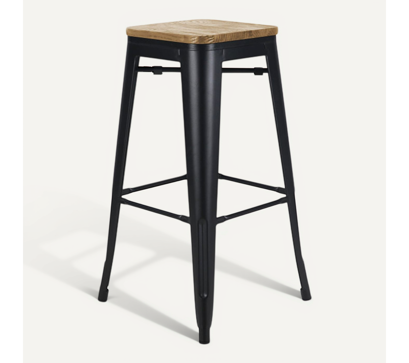 Tabouret De Bar En Métal Noir Mat Style Industriel Et Assise En Bois Clair - Hauteur 76 Cm