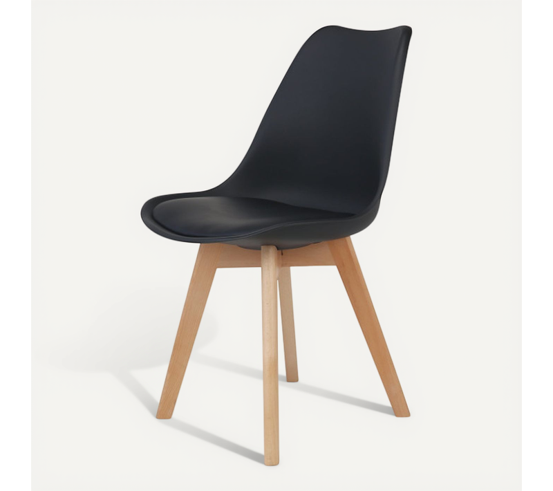Chaise Style Scandinave Victoire - Coque En Résine Noire Rembourrée Et Pieds En Bois Naturel