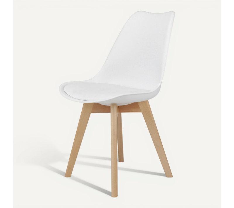 Chaise Style Scandinave Victoire - Coque En Résine Blanche Rembourrée Et Pieds En Bois Naturel