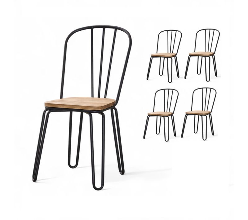 Lot De 4 Chaises En Métal Noir Mat Style Industriel Et Assise En Bois Clair – Pieds En Épingle