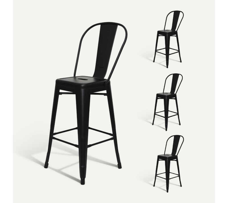 Lot De 4 Tabourets De Bar En Métal Noir Mat Style Industriel - Dossier Haut - Hauteur 66cm