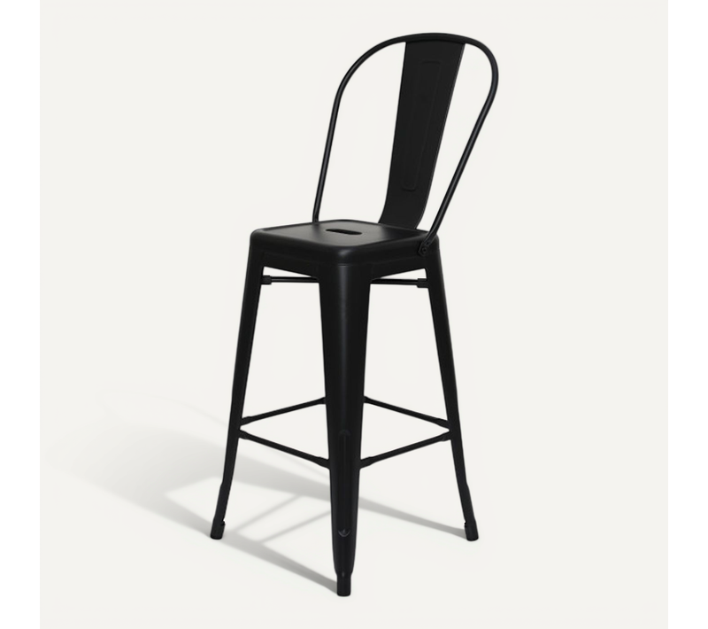 Tabouret De Bar En Métal Noir Mat Style Industriel - Dossier Haut - Hauteur 66cm