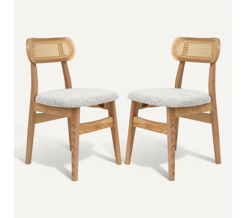 Lot De 2 Chaises En Bois Massif, Dossier En Cannage Et Assise En Tissu Chiné Gris