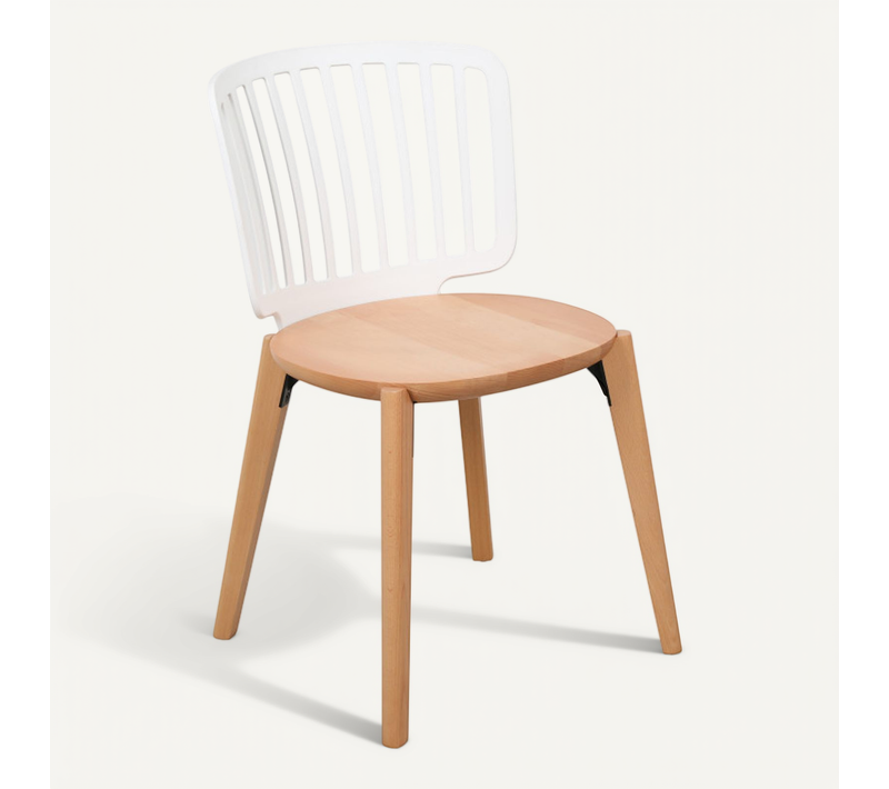 Chaise Eira Design Scandinave – Dossier Résine Blanche, Assise Bois – Pieds Bois Naturel