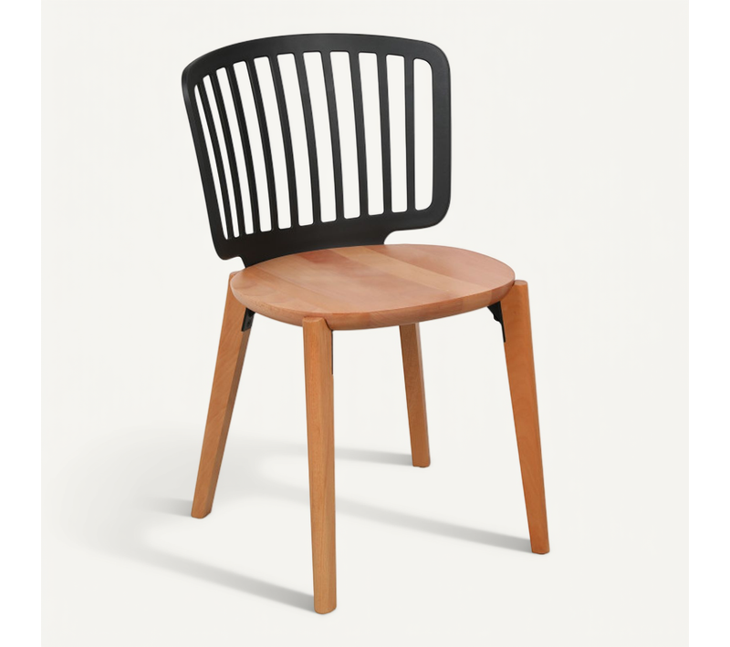 Chaise Eira Design Scandinave – Dossier Résine Noir, Assise Bois – Pieds Bois Naturel