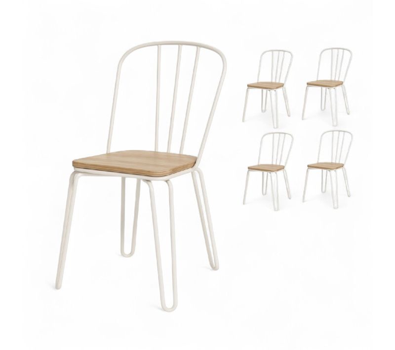Lot De 4 Chaises En Métal Blanc Mat Style Industriel Et Assise En Bois Clair – Pieds En Épingle