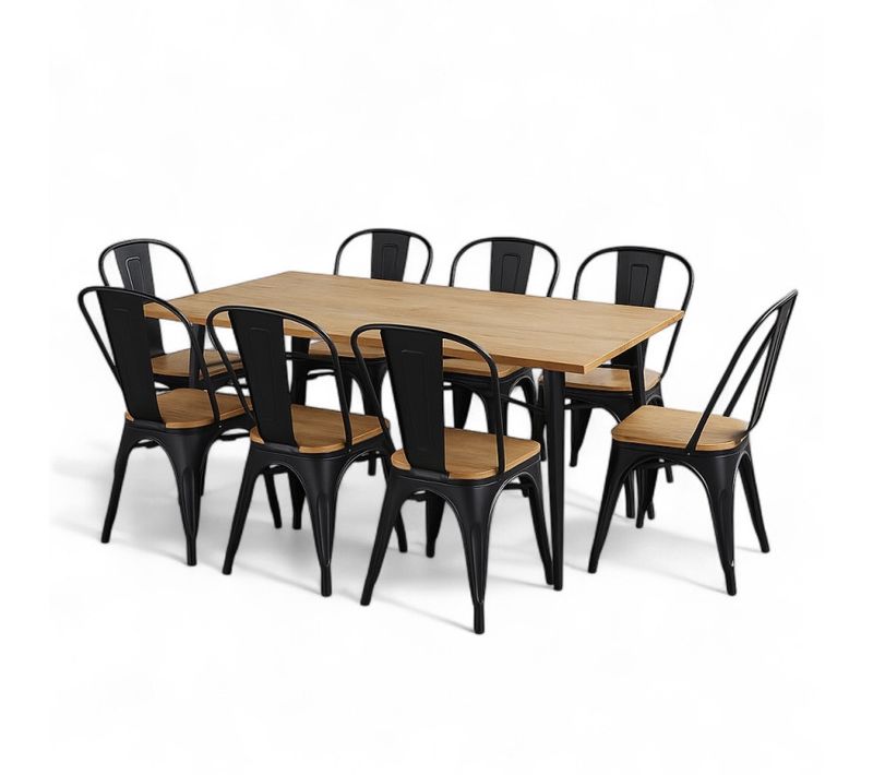 Ensemble Table Et Chaises Style Industriel, Métal Noir Mat Et Bois Naturel Clair, 160x80 Cm
