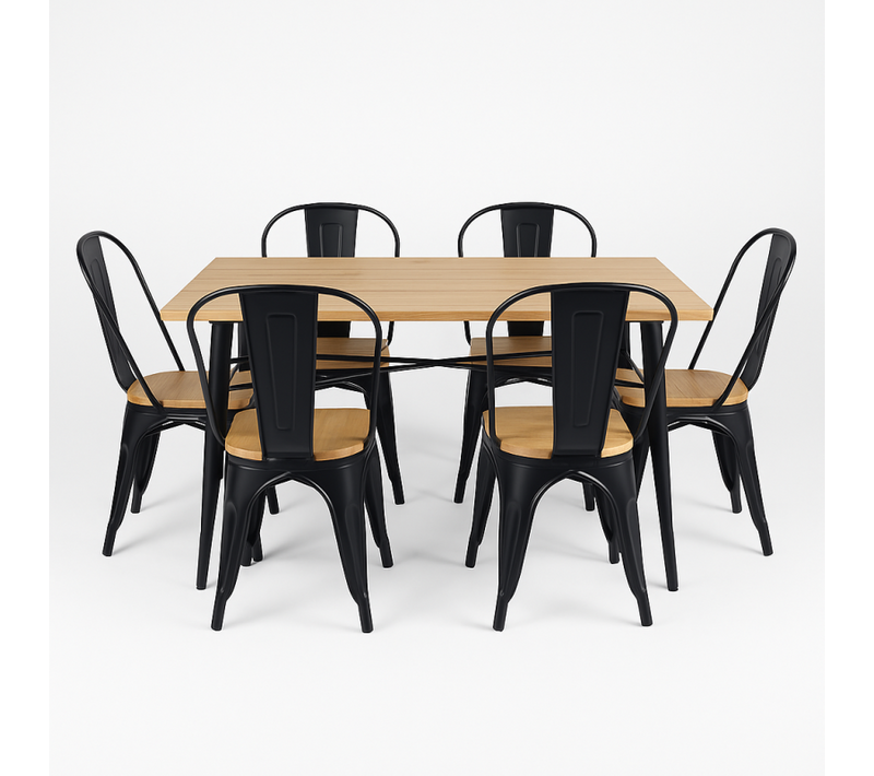 Ensemble Table Et Chaises Style Industriel, Métal Noir Mat Et Bois Clair Naturel, 140x80 Cm