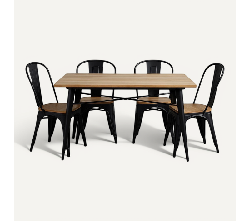 Ensemble Table Et Chaises Style Industriel, Métal Noir Mat Et Bois Naturel Clair, 120x80cm - Design