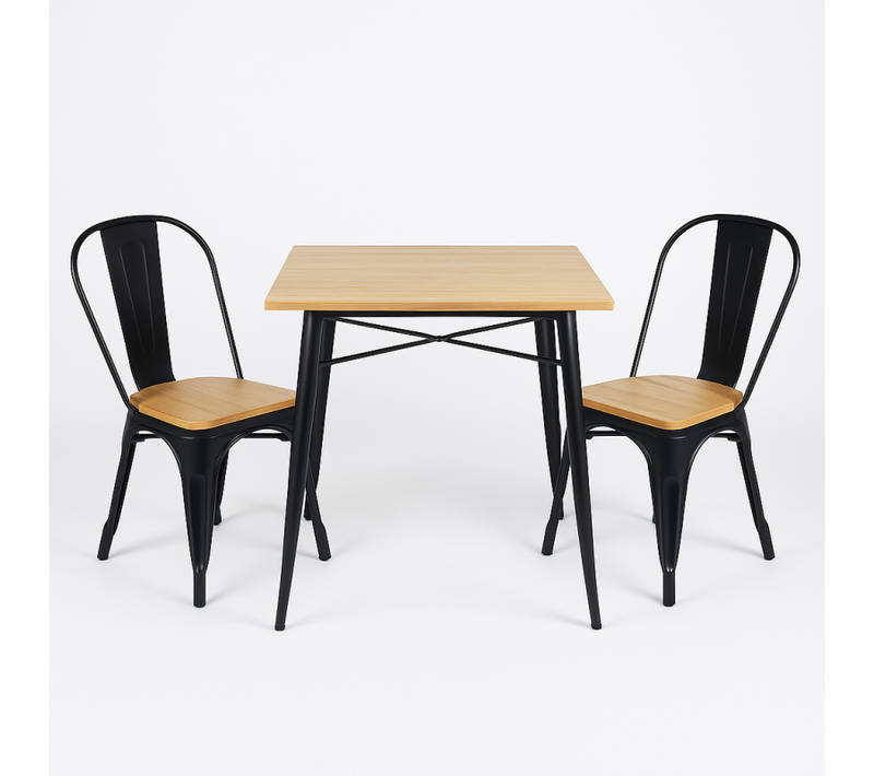 Ensemble Table Et Chaises Style Industriel, Métal Noir Mat Et Bois Naturel, 80x80 Cm