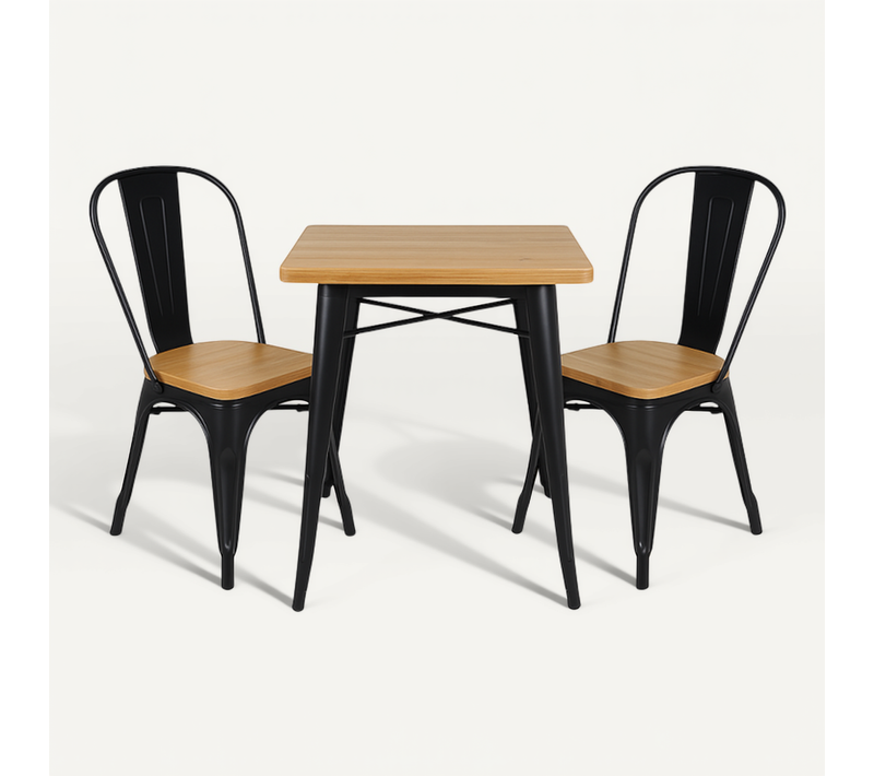 Ensemble Table Et Chaises Style Industriel, Métal Noir Mat Et Bois Naturel Clair, 60x60cm - Design